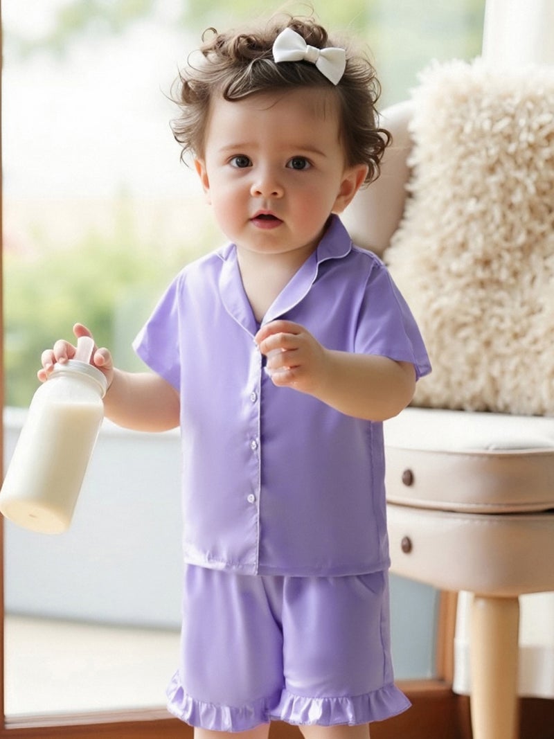 Toddler Baby Girl Summer Pajamas Set Button Down Lapel V Neck Short Sleeve Tops& Ruffled Shorts Solid Lounge Wear 2 Pcs Set - Image 2