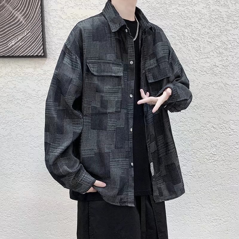 2023 Work Shirt Mens Long-sleeved Spring and Autumn Loose Japanese Style Fashion Brand Lapel Casual Denim Shirt Jacket Black 