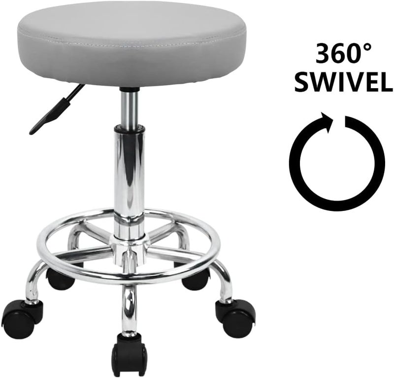 KKTONER PU Leather Round Rolling Stool with Foot Rest Swivel Height Adjustment Spa Drafting Salon Tattoo Work Office Massage Stools Task Chair (Grey) - Image 4