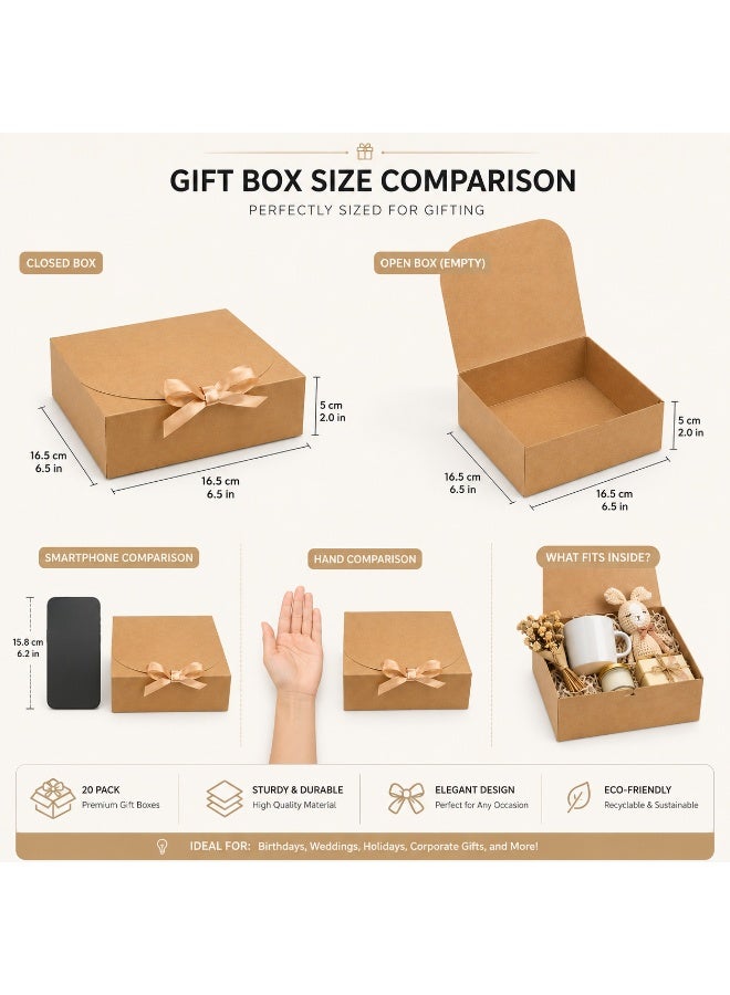 20 Pcs Foldable Champagne Satin Bow Decorated Kraft Cardboard Gift Boxes Collapsible Present Storage Boxes for Ramadan Eid Wedding Birthday Party Gift Packaging 16.5x16.5x5cm - Image 1