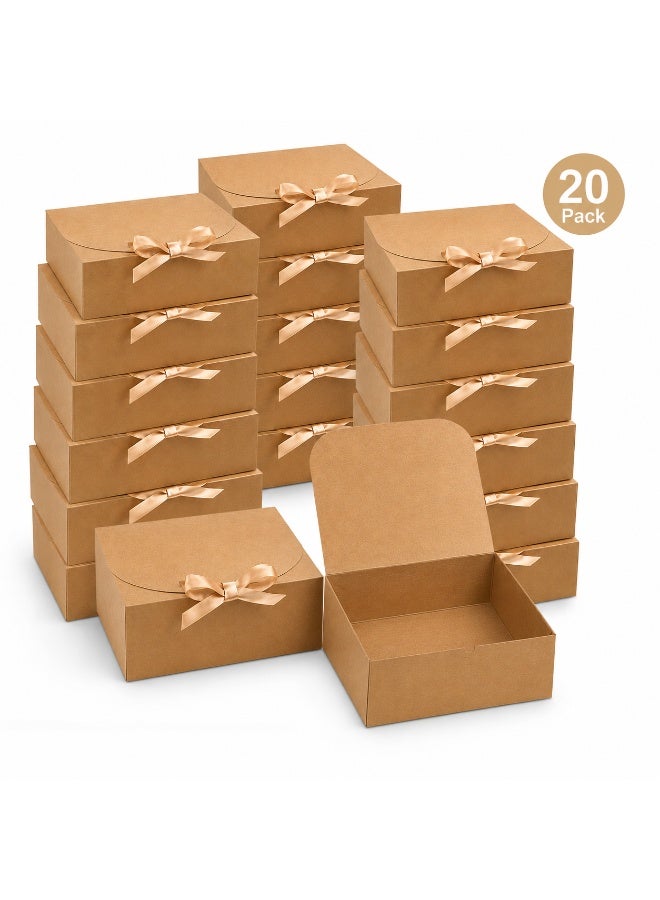 20 Pcs Foldable Champagne Satin Bow Decorated Kraft Cardboard Gift Boxes Collapsible Present Storage Boxes for Ramadan Eid Wedding Birthday Party Gift Packaging 16.5x16.5x5cm - Image 4