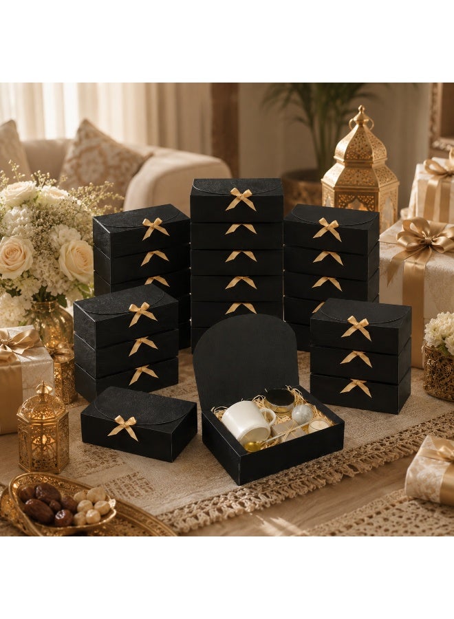 20 Pcs Foldable Champagne Satin Bow Decorated Kraft Cardboard Gift Boxes Collapsible Present Storage Boxes for Ramadan Eid Wedding Birthday Party Gift Packaging 16.5x16.5x5cm - Image 2