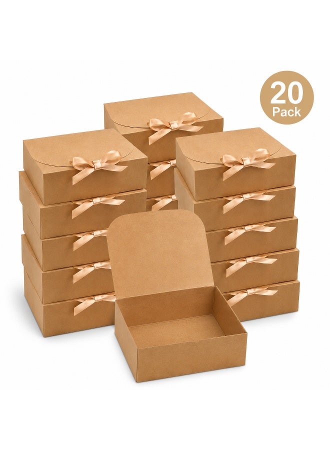 20 Pcs Foldable Champagne Satin Bow Decorated Kraft Cardboard Gift Boxes Collapsible Present Storage Boxes for Ramadan Eid Wedding Birthday Party Gift Packaging 16.5x16.5x5cm - Image 3