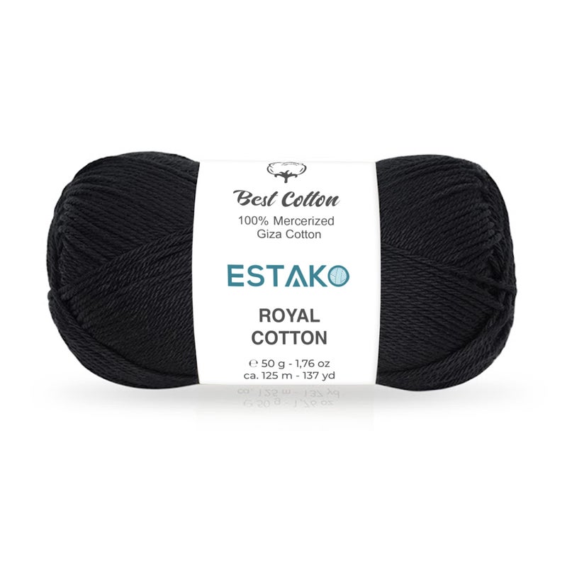 Estako Royal Cotton, 100% Mercerized Giza Cotton Yarn, Soft, Super Fino 1 for Crochet and Knitting 1.76 Oz (50g) / 137 Yrds (125m) (5057 - Black) - Image 1