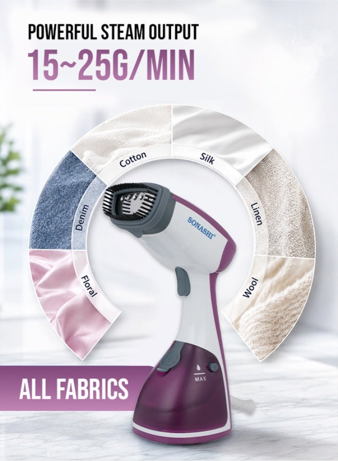 SONASHI Portable Handheld Garment Steamer|1100W| 250 ML| Upto 15g/min Continuous Powerful Steam |60 Sec Fast Heat-up| Ultra Easy Wrinkle Remover| Travel-Friendly |Removable Fabric Brush |SGS-315 Purple 250 ml 1100 W 250 ml 1100 W SGS-315 Purple - Image 2
