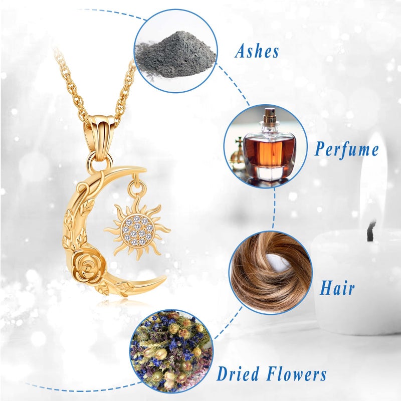 shajwo Cremation Jewelry Crescent Moon and Sun Rose Urn Necklaces for Ashes for Women Men Memorial Human Ashes Pendant,Gold - Image 4
