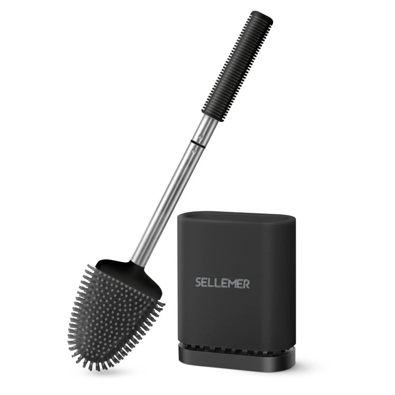 مجموعة فرشاة وم holder لحوض المرحاض Sellemer رأس فرشاة مرحاض مرن مع شعيرات سيليكون بحجم مدمج للتخزين والتنظيم قاعدة فتحات التهوية 1 عبوة سوداء