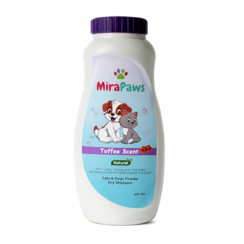 MiraPaws Natural Cats & Dogs Powder Dry Shampoo | Anti-Fleas, Ticks & Lice | Detangles & Moisturizes 200 gm (Toffee Scent) - Image 1