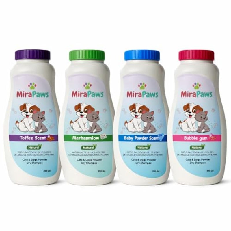 MiraPaws Natural Cats & Dogs Powder Dry Shampoo | Anti-Fleas, Ticks & Lice | Detangles & Moisturizes 200 gm (Toffee Scent) - Image 3