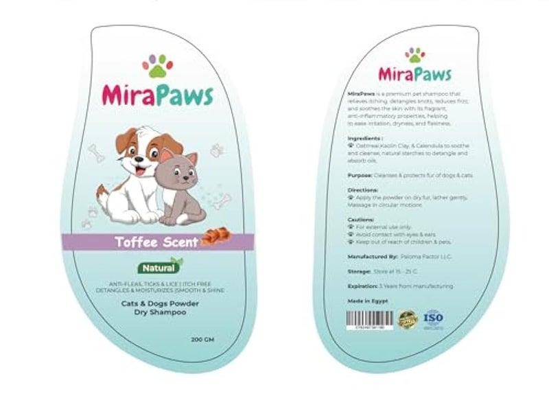 MiraPaws Natural Cats & Dogs Powder Dry Shampoo | Anti-Fleas, Ticks & Lice | Detangles & Moisturizes 200 gm (Toffee Scent) - Image 2