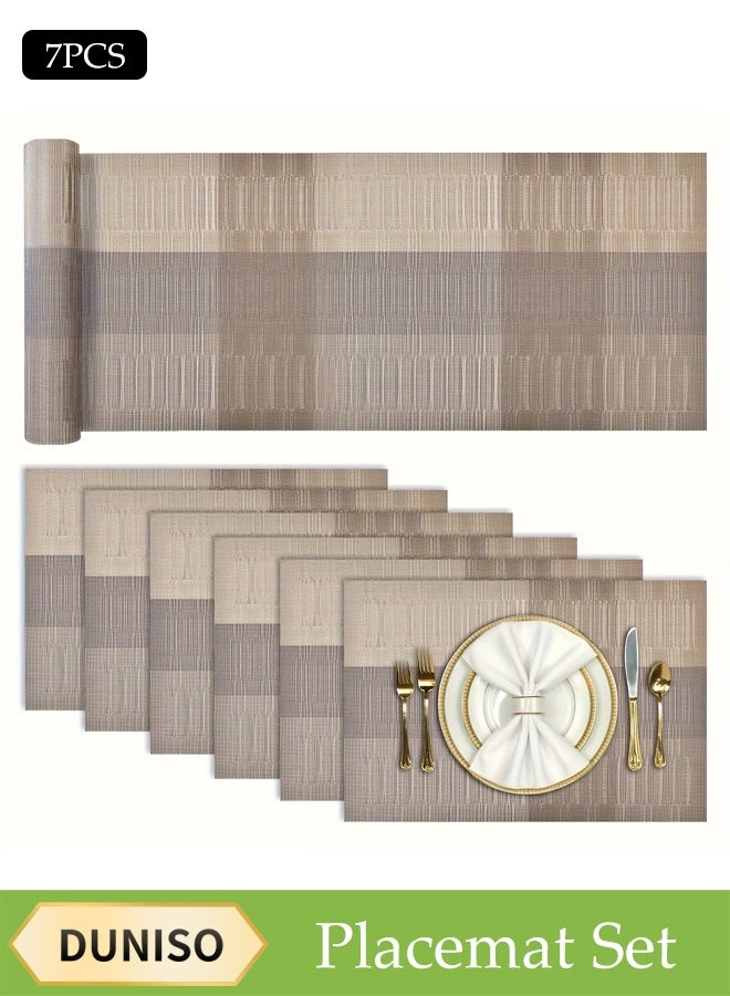 DUNISO 7-Piece Pvc Leather Placemat Set, Square Heat-Resistant And Non-Slip Table Mat, Including One Large Placemat (30 x 180 Cm) And Six Small Placemats (30 x 45 Cm), Washable, Resistant To Oil Stains, Suitable For Home, Restaurant, Cafe  - Image 1
