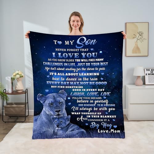 tgruihm to My Son Gifts Blanket from Mom, Blue Lion Blankets for My Son, Sons Gifts from Mom, Christmas Moms to Sons Birthday Gift Super Soft Cozy Flannel Blanket for Bed Sofa Decor 80"x60" - Image 2