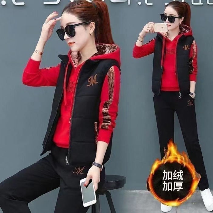 Womens Velvet Hoodie and Pants Winter Set Red - Image 1