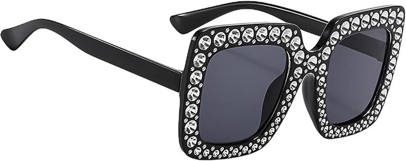 Black Rhinestone Sunglasses Oversized Square Frame UV Protection Women Fashion Shades - Image 1