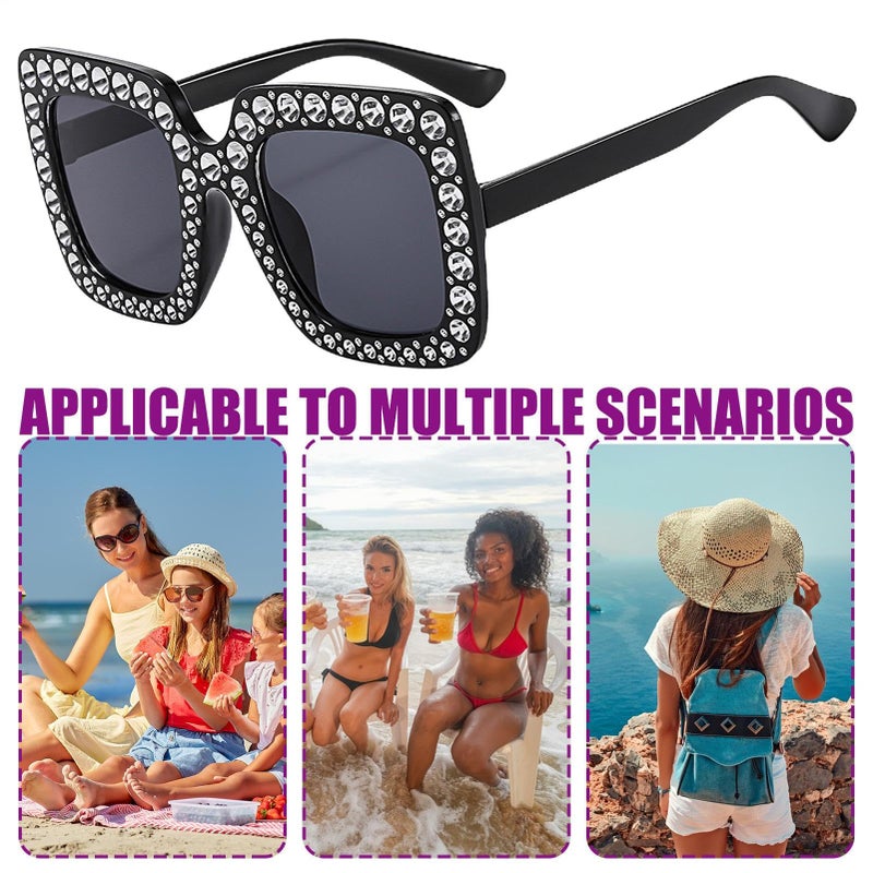 Black Rhinestone Sunglasses Oversized Square Frame UV Protection Women Fashion Shades - Image 4
