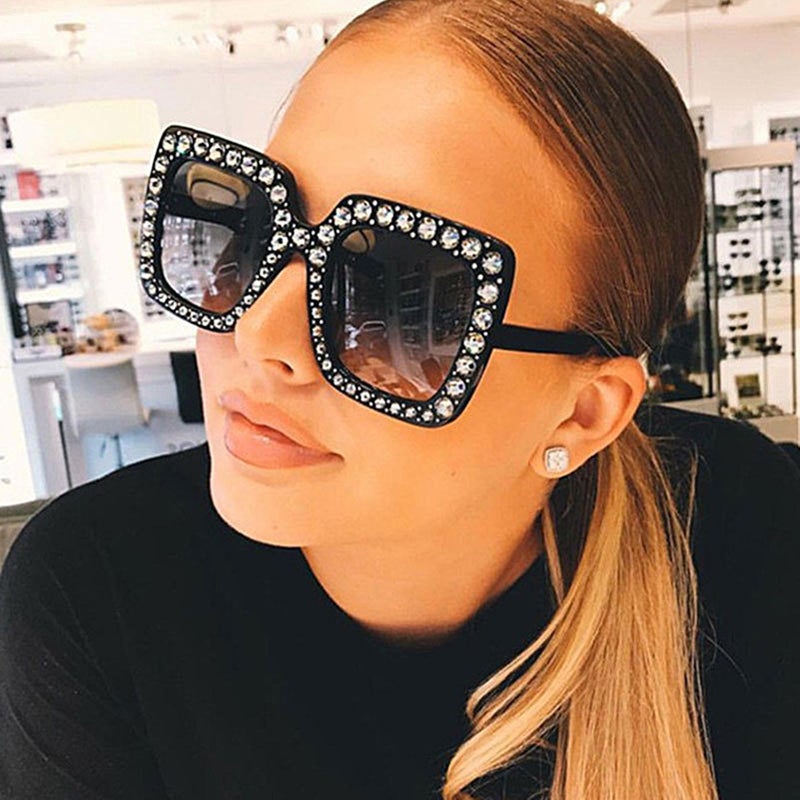 Black Rhinestone Sunglasses Oversized Square Frame UV Protection Women Fashion Shades - Image 3