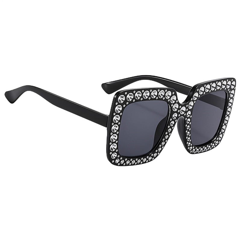 Black Rhinestone Sunglasses Oversized Square Frame UV Protection Women Fashion Shades - Image 2