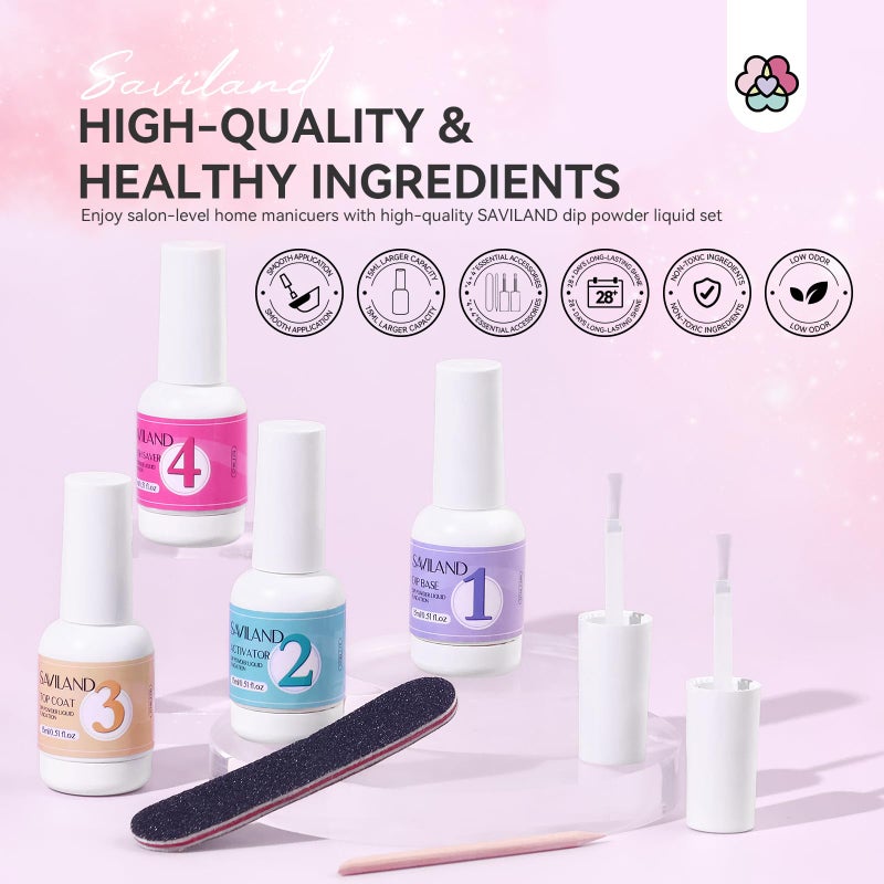 SAVILAND Dip Powder Liquid Set: 4 Pcs Nail Dip Liquid Set with HEMA-free Base Activator Top Coat and Brush Saver 15 ml/0.5 Fl.oz Dipping System Essentials No Curing Home Use DIY Salon Art - Image 2