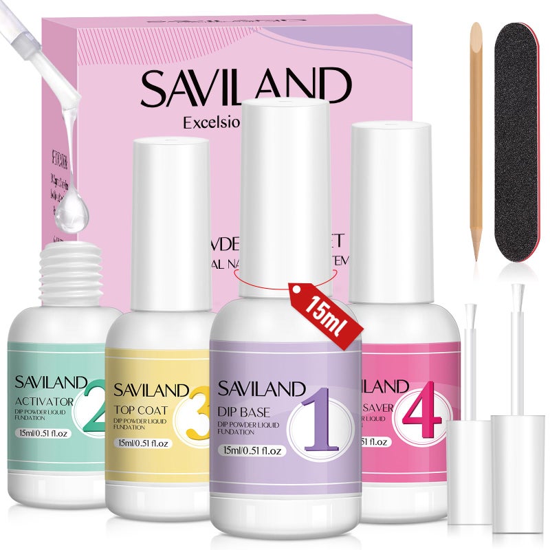 SAVILAND Dip Powder Liquid Set: 4 Pcs Nail Dip Liquid Set with HEMA-free Base Activator Top Coat and Brush Saver 15 ml/0.5 Fl.oz Dipping System Essentials No Curing Home Use DIY Salon Art - Image 1