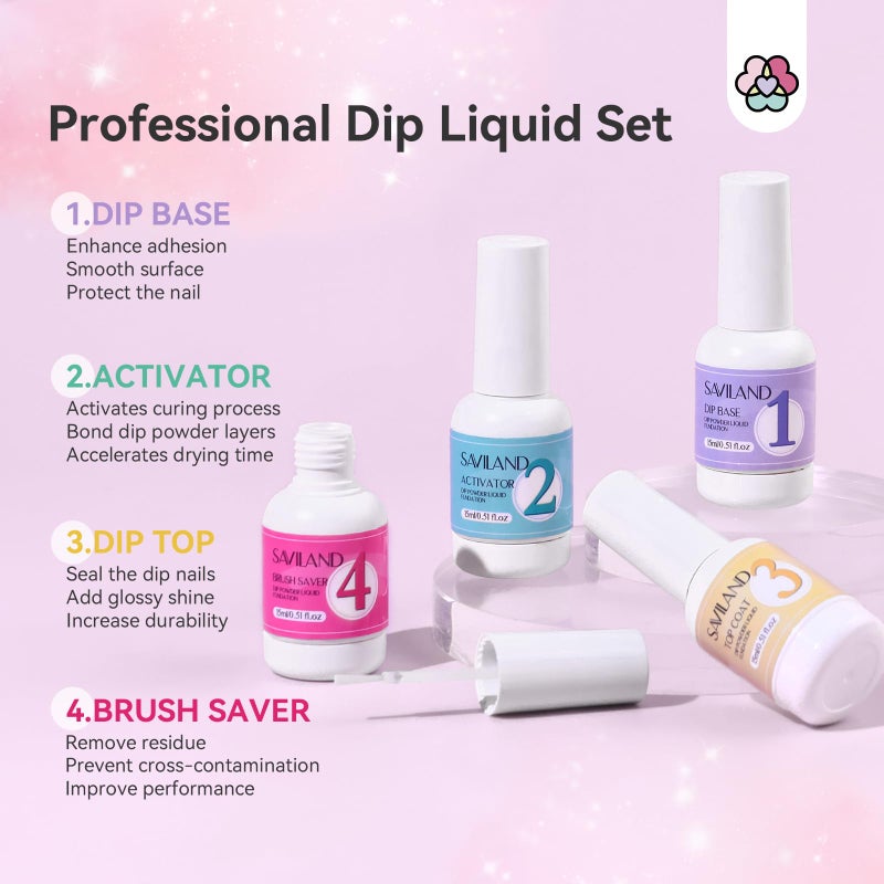 SAVILAND Dip Powder Liquid Set: 4 Pcs Nail Dip Liquid Set with HEMA-free Base Activator Top Coat and Brush Saver 15 ml/0.5 Fl.oz Dipping System Essentials No Curing Home Use DIY Salon Art - Image 5