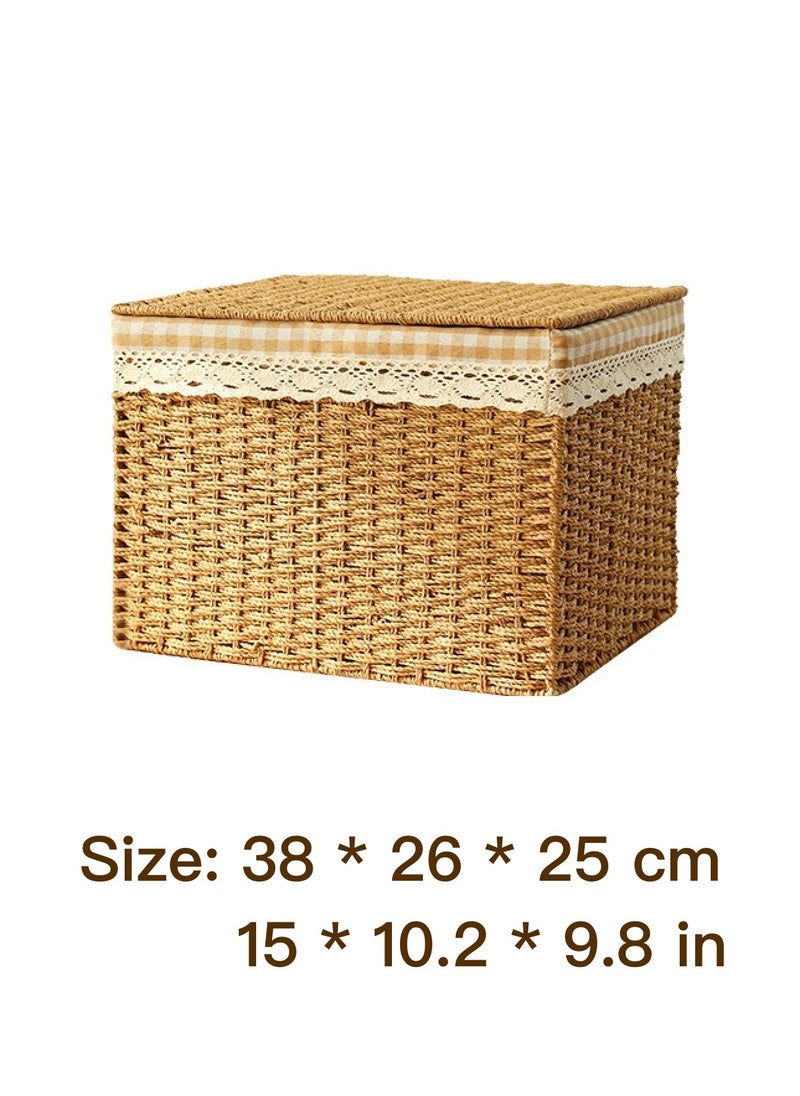 Generic Rattan Storage Baskets with Lid, Set 1 Basket With Lid Decorative Storage Rectangle Rattan Storage Basket With Lid Large Rattan Storage Box （Brownish-yellow）  - Image 2