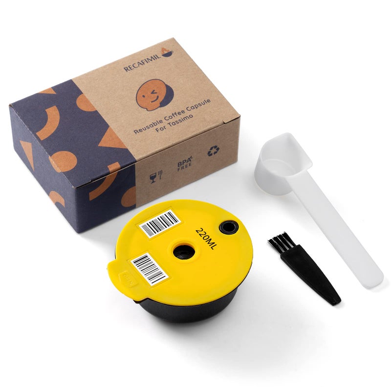RECAFIMIL Reusable Tassimo Pods 220ml Refillable Tassimo Coffee Pods with Yellow Silicone Lid Compatible with Bosch Tassimo Machine