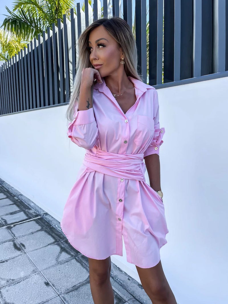 2023 New Lace-Up Cardigan Multi-Color Roll-Up Sleeve Dress Shirt Naked Pink - Image 1