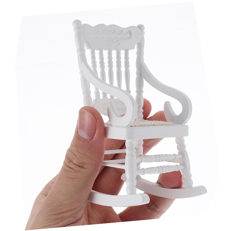 Vintage Brown And White Miniature Wooden Rocking Chairs With Rope Seat Cushion Dollhouse Furniture - Image 5