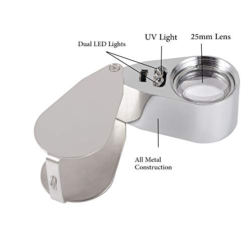 AmigozZ Jewelers Loupe 25mm 40x Magnifying Glass with LED Lamp & UV Light Folding Hand-Held Portable Lens for Jewellery, Diamond & Gemstone Grader, Currency, Watchmaker, & General Magnifier - Image 2