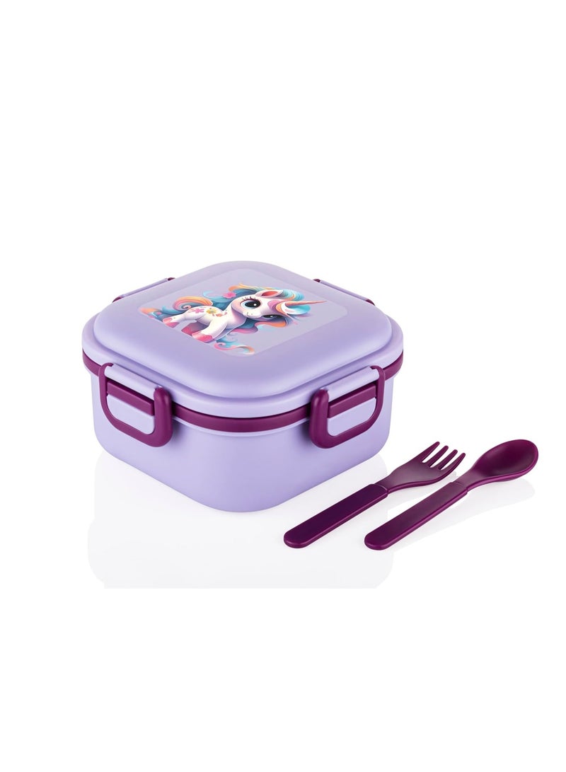 ATTRO صندوق غداء ATTRO Quick Bite Unicorn Magic مع 3 مقصورات شوكة وملعقة خالية من مادة BPA، مناسب للطعام، مثالي للأطفال في المدرسة والنزهات والأنشطة الخارجية - 800 مل، لافندر، بلاستيك - Image 1