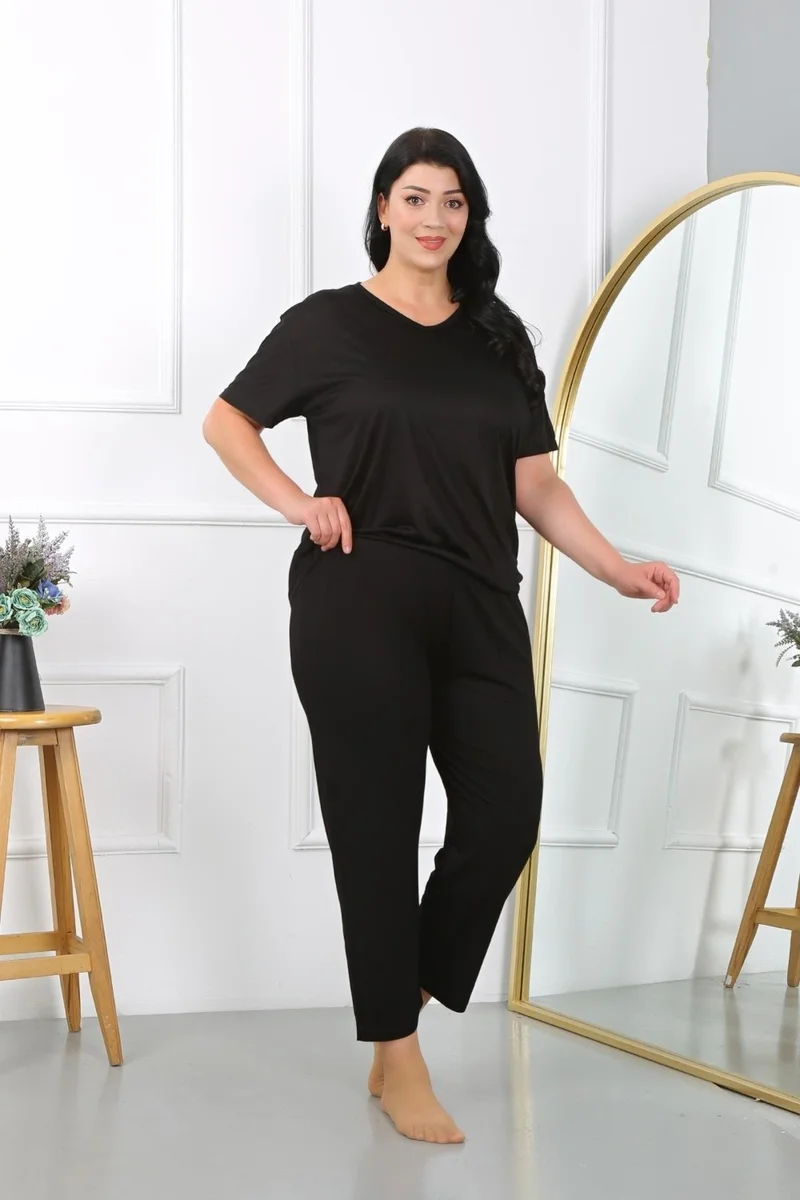 Akbeniz Women's Plus Size Short Sleeve Combed Cotton Pajama Set Black 202405