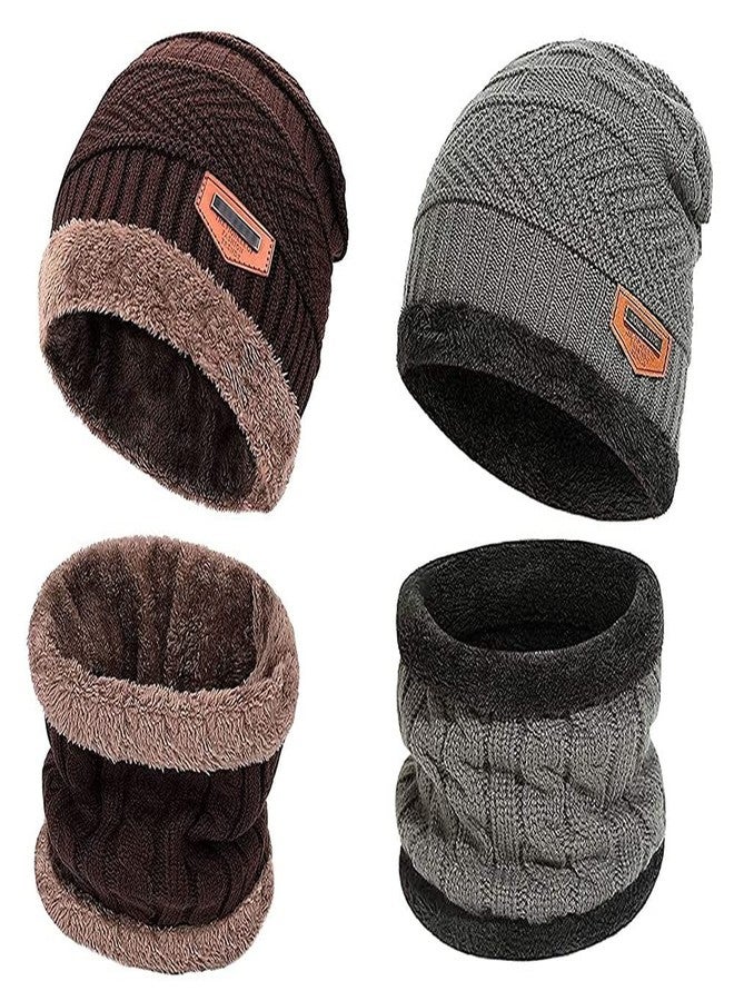 Veteran Unisex Fur, Wool Cap With Neck Muffler/Scarf (2 Pairs) (Cap with Neck Warmer-010_Brown Grey_Free Size) - Image 1