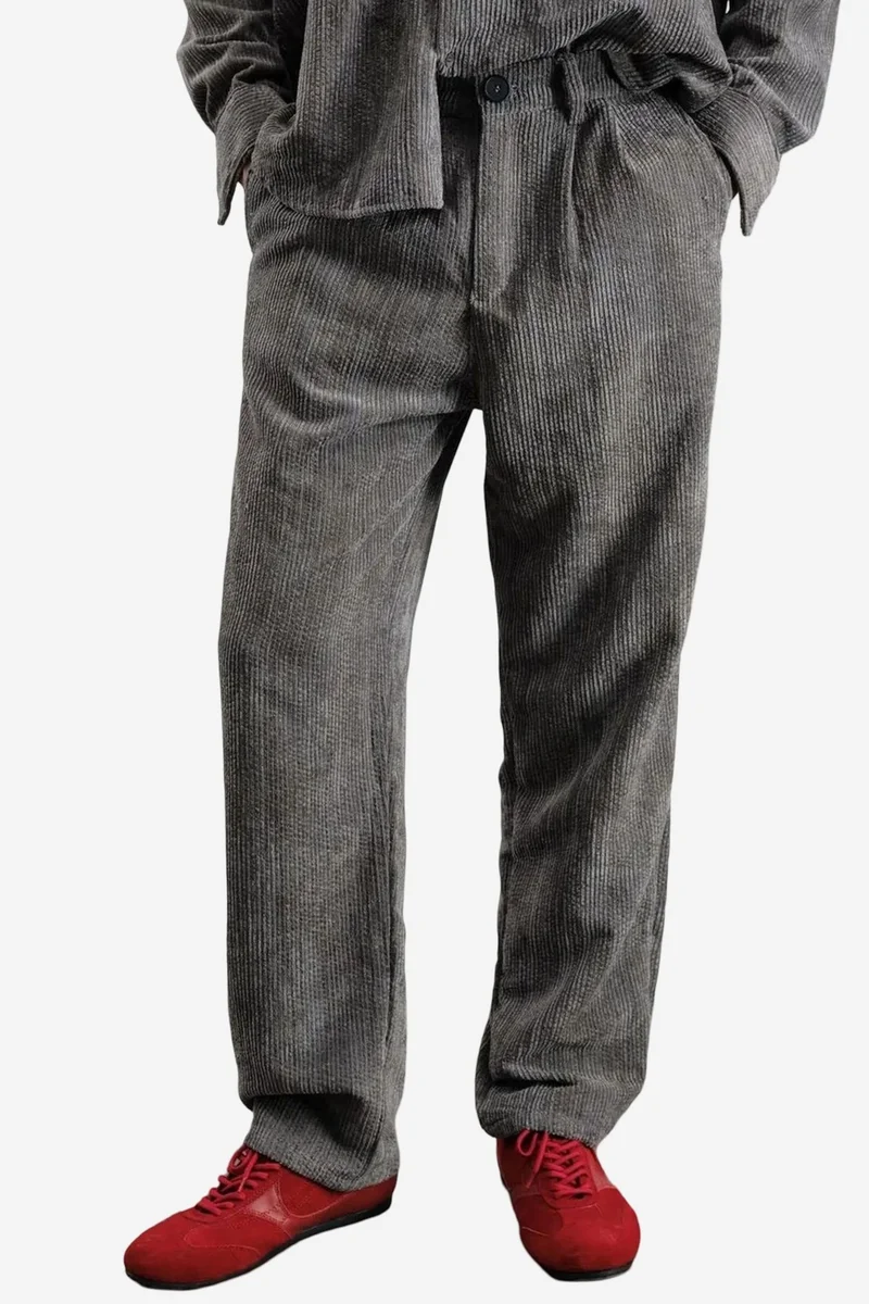 Pleated Corduroy Straight Leg Trousers