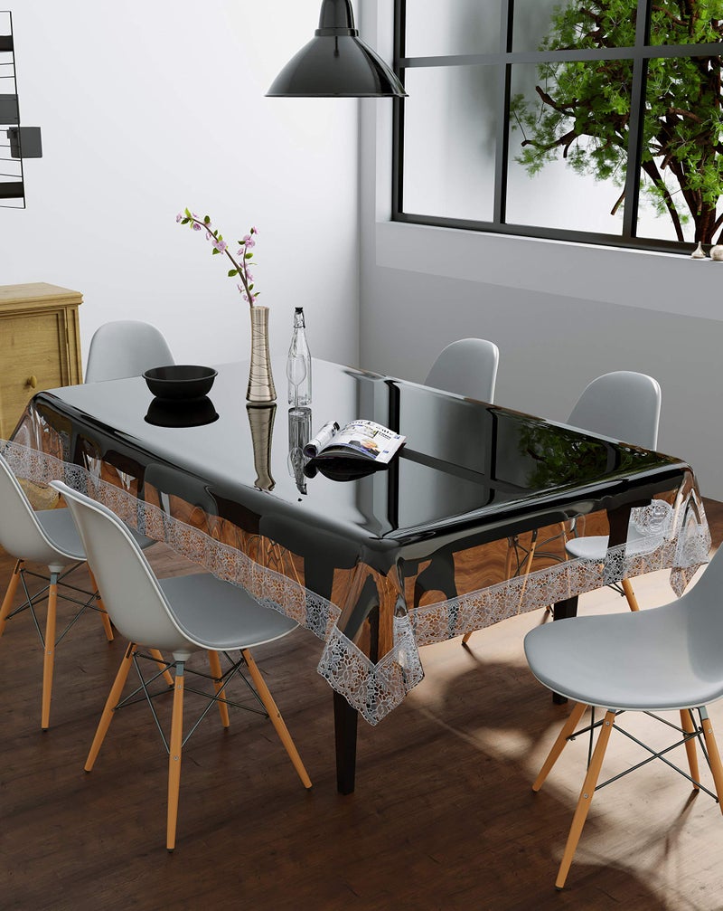 Clasiko Rectangular PVC Table Cover 6 Seaters (Transparent with Silver Lace, 60X90-Inch, 30 Mm) - Image 1