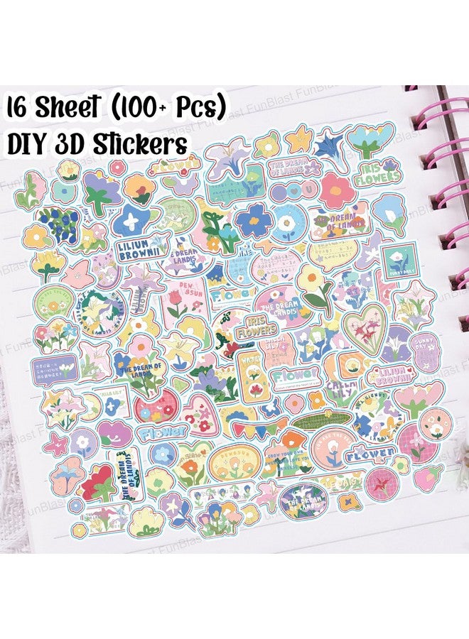 فنبلاست مجموعة ملصقات FunBlast Kawaii - 16 ورقة (100+ قطعة) ملصقات ثلاثية الأبعاد DIY للبنات، ملصقات جمالية، ملصقات للتدوين، سكرابوكينغ، مجموعة ملصقات لطيفة (زهور - 4 × 4 = 16 ورقة) - Image 5