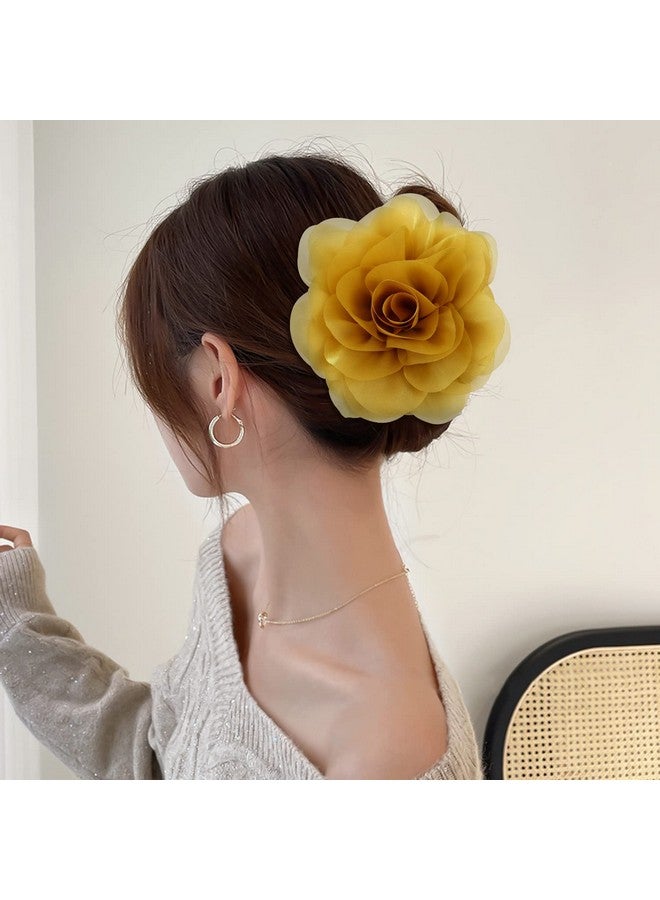 Cinaci 4 Pack Large Red Yellow Green Black Rose Flower Plastic Hair Claws Clips Big Chiffon Flower Bows Jaw Barrette Clamps Floral Ponytail Holder Bun Decorative Fancy Hair Accessories For Women Girls - Image 3