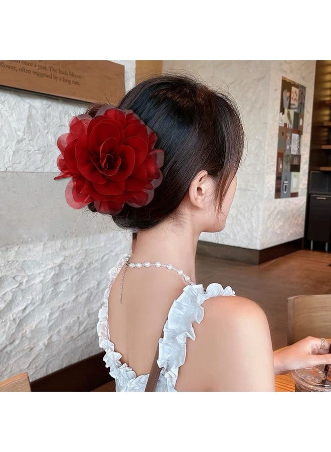 Cinaci 4 Pack Large Red Yellow Green Black Rose Flower Plastic Hair Claws Clips Big Chiffon Flower Bows Jaw Barrette Clamps Floral Ponytail Holder Bun Decorative Fancy Hair Accessories For Women Girls - Image 5