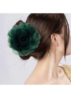 Cinaci 4 Pack Large Red Yellow Green Black Rose Flower Plastic Hair Claws Clips Big Chiffon Flower Bows Jaw Barrette Clamps Floral Ponytail Holder Bun Decorative Fancy Hair Accessories For Women Girls  - Image 4