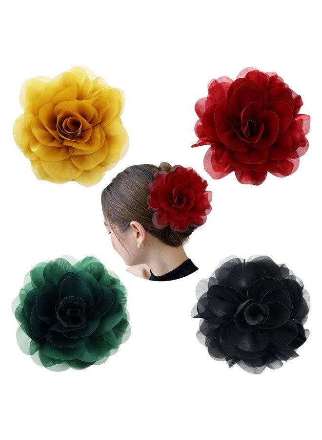 Cinaci 4 Pack Large Red Yellow Green Black Rose Flower Plastic Hair Claws Clips Big Chiffon Flower Bows Jaw Barrette Clamps Floral Ponytail Holder Bun Decorative Fancy Hair Accessories For Women Girls - Image 2
