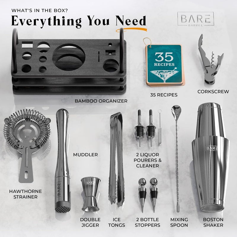 Bare Barrel ® Mixology Bartender Kit Bar Set | 14-Piece Cocktail Shaker Set | Martini Barware Mixing Tools for Home Bartending | 35 Recipe Cards | Gift Set (28oz Boston Shaker, Slate/Black) - Image 4