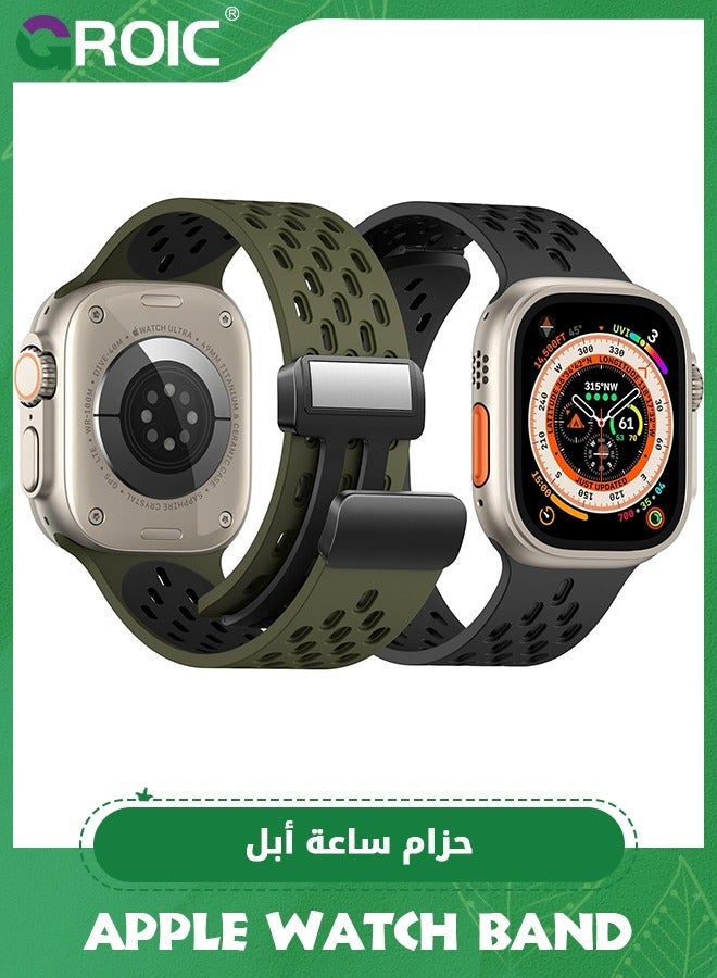 جرويك 2 قطعة حزام رياضي مضاد للتعرق مغناطيسي لساعة Apple Watch، سيليكون قابل للتنفس ومقاوم للماء. متوافق مع iWatch Ultra SE Series 9/8/7/6/5/4/3/2/1، للنساء والرجال، 42 مم 44 45 49 - Image 1