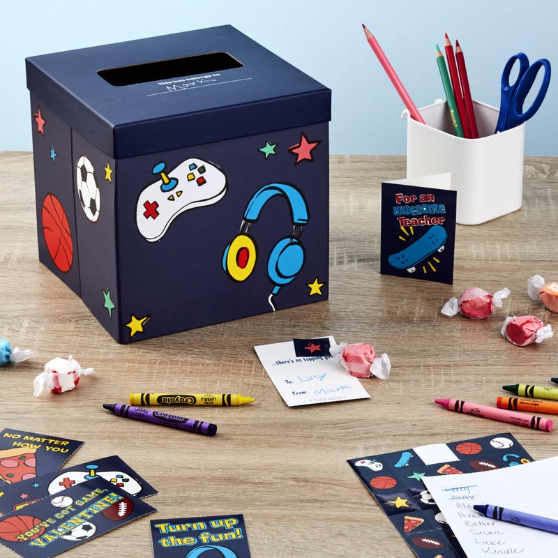 Hallmark Boys Valentines Day Cards and Mailbox for Kids School Classroom Exchange, Games and Sports (1 Box, 32 Valentine Cards, 35 Stickers, 1 Teacher Card) - Image 2