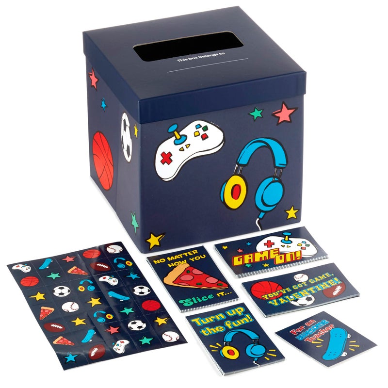 Hallmark Boys Valentines Day Cards and Mailbox for Kids School Classroom Exchange, Games and Sports (1 Box, 32 Valentine Cards, 35 Stickers, 1 Teacher Card) - Image 1