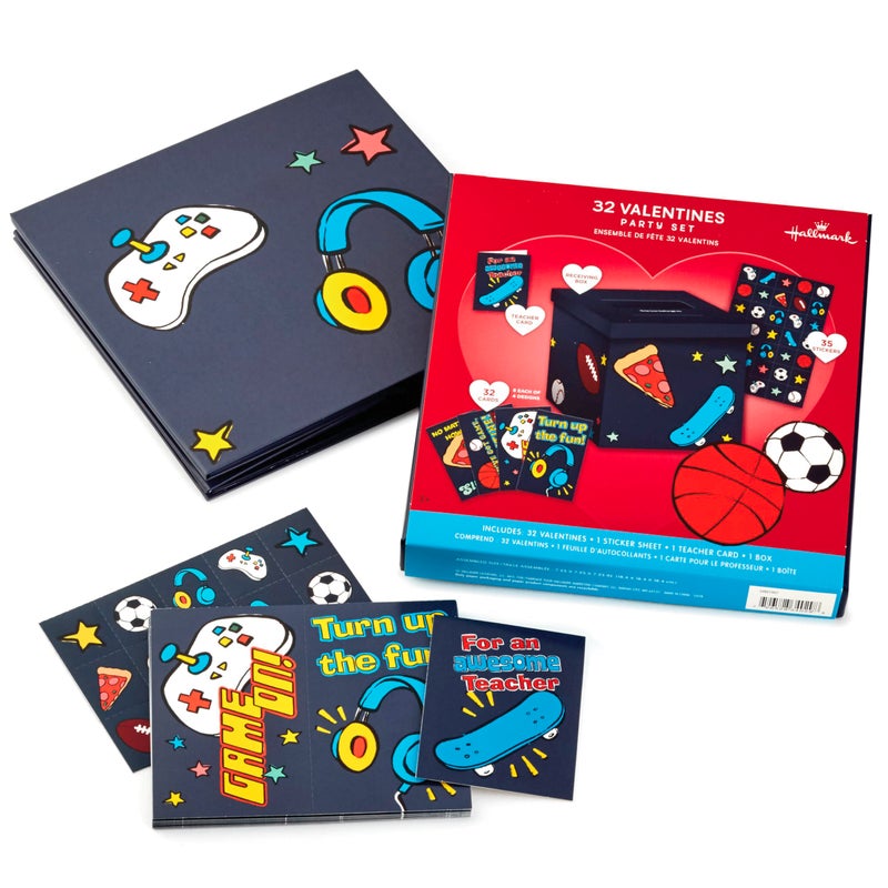 Hallmark Boys Valentines Day Cards and Mailbox for Kids School Classroom Exchange, Games and Sports (1 Box, 32 Valentine Cards, 35 Stickers, 1 Teacher Card) - Image 4