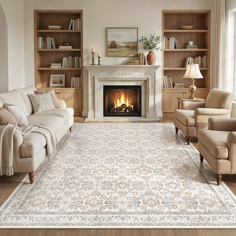WITSHOCK 8x10 Area Rugs for Living Room: Washable Rugs Vintage Floral Carpet for Bedroom Office Dining Room Nursery, Non Slip Stain Resistant Soft Thin Retro Rug, Camel/Beige - Image 1