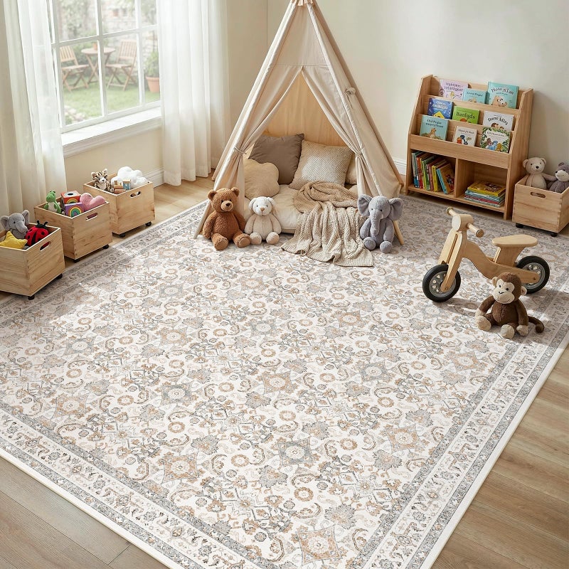 WITSHOCK 8x10 Area Rugs for Living Room: Washable Rugs Vintage Floral Carpet for Bedroom Office Dining Room Nursery, Non Slip Stain Resistant Soft Thin Retro Rug, Camel/Beige - Image 4