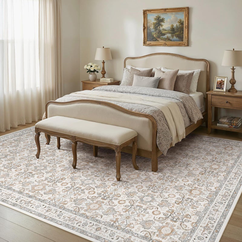 WITSHOCK 8x10 Area Rugs for Living Room: Washable Rugs Vintage Floral Carpet for Bedroom Office Dining Room Nursery, Non Slip Stain Resistant Soft Thin Retro Rug, Camel/Beige - Image 2