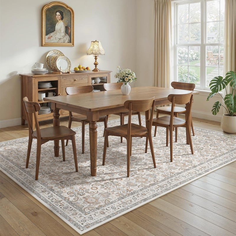 WITSHOCK 8x10 Area Rugs for Living Room: Washable Rugs Vintage Floral Carpet for Bedroom Office Dining Room Nursery, Non Slip Stain Resistant Soft Thin Retro Rug, Camel/Beige - Image 3