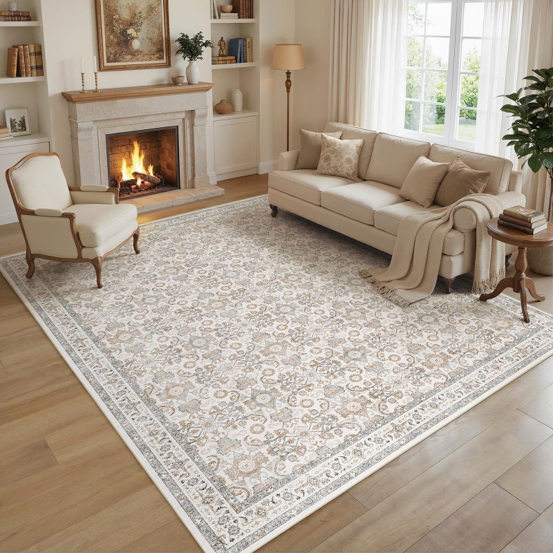 WITSHOCK 8x10 Area Rugs for Living Room: Washable Rugs Vintage Floral Carpet for Bedroom Office Dining Room Nursery, Non Slip Stain Resistant Soft Thin Retro Rug, Camel/Beige - Image 5