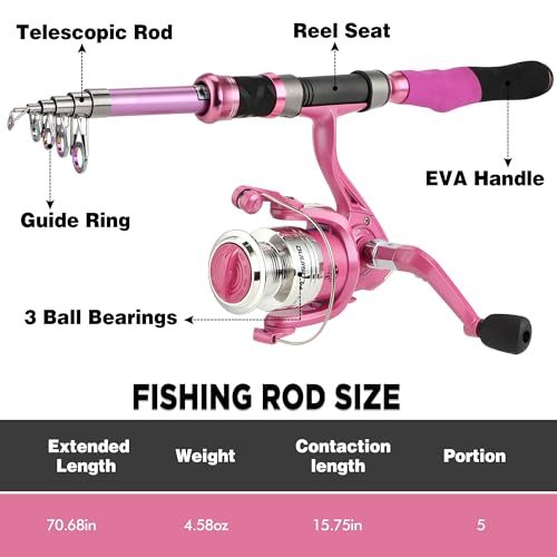 PLUSINNO Ladies Telescopic Fishing Rod and Reel Combos,Spinning Fishing Pole Pink Designed for Ladies Fishing Girls Fishing Pole by PLUSINNO - Image 2